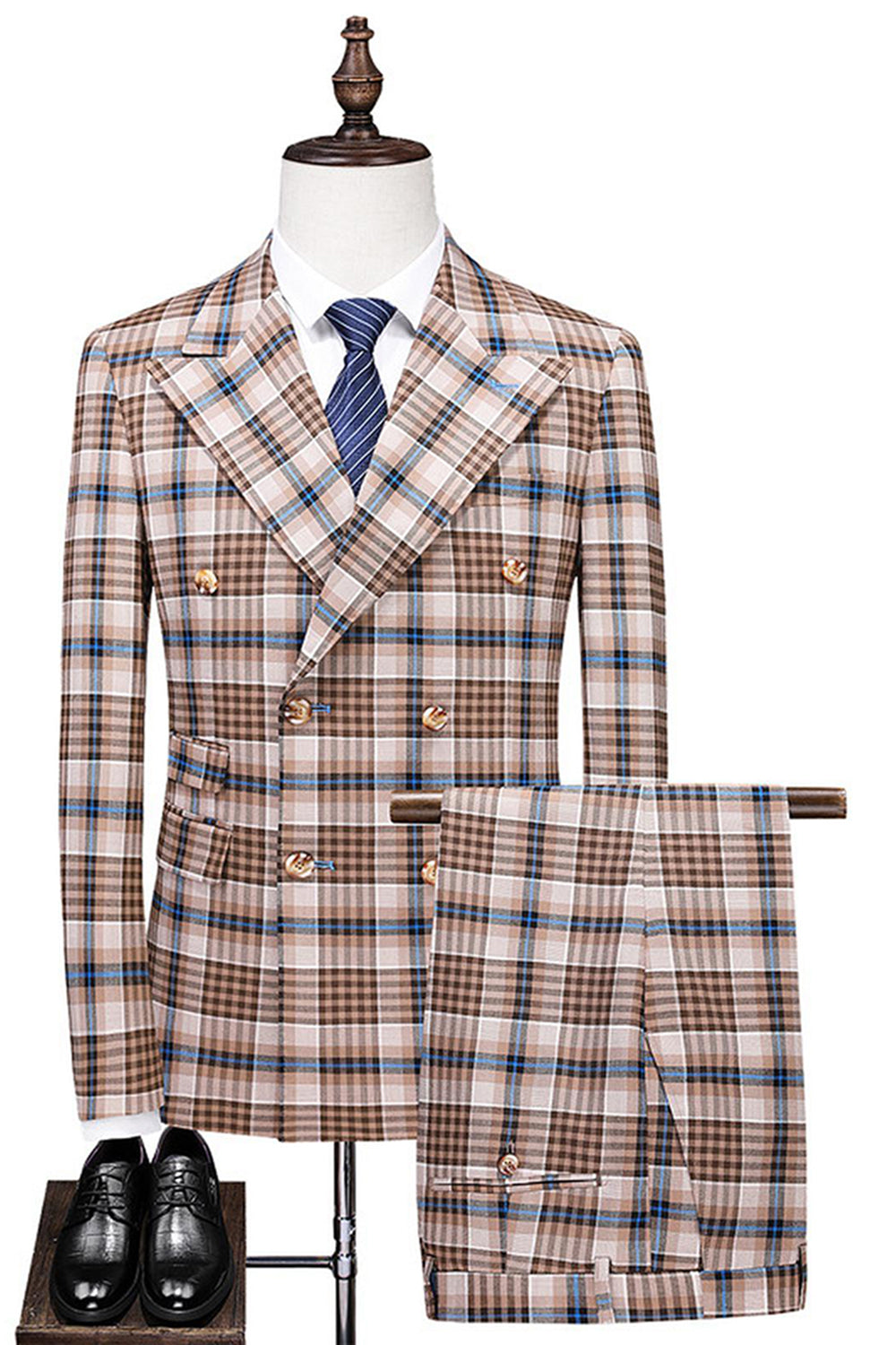 Vintage Peak Lapel Slim Fit 2 Piece Black Blue Grid Men's Suits