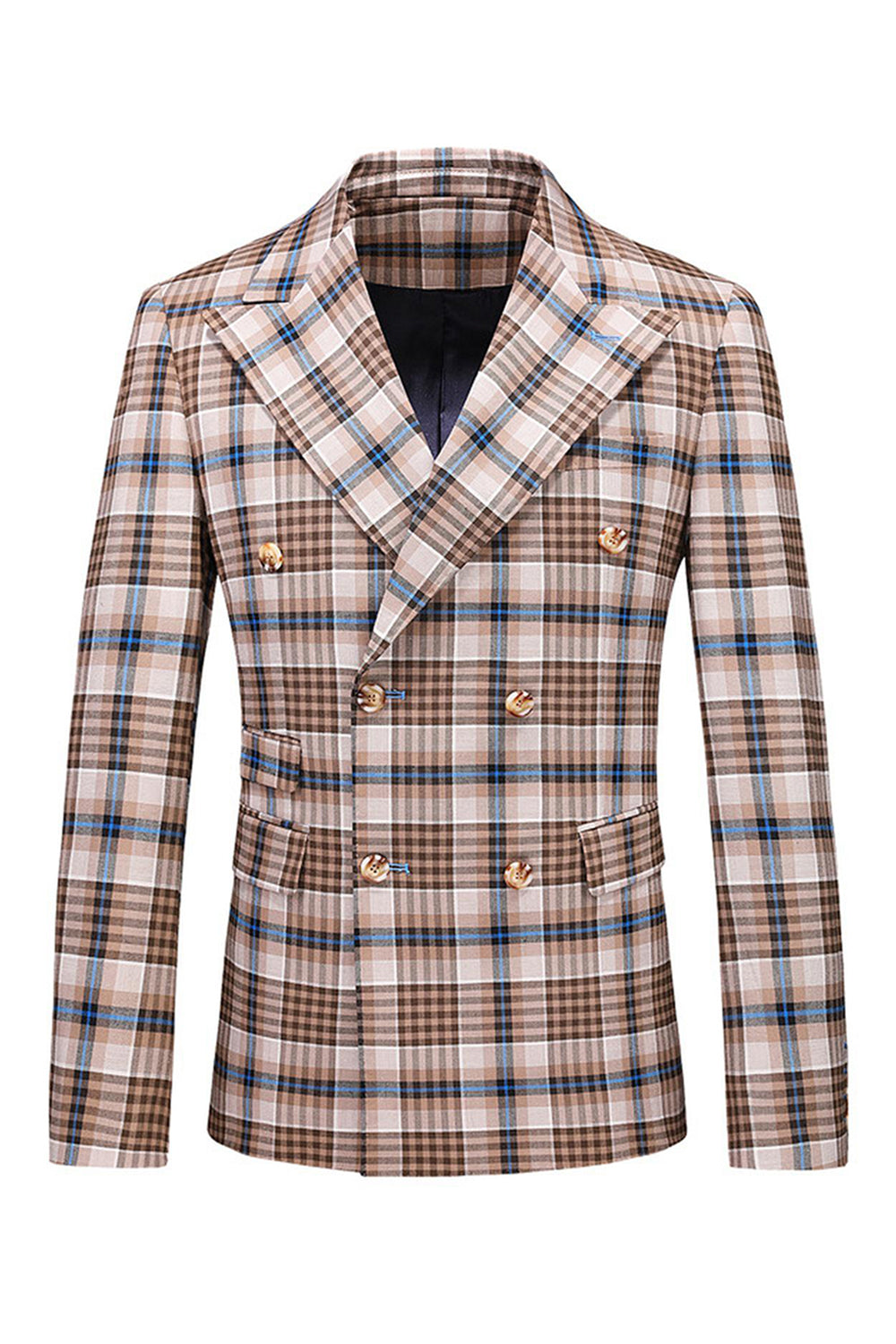 Vintage Peak Lapel Slim Fit 2 Piece Black Blue Grid Men's Suits