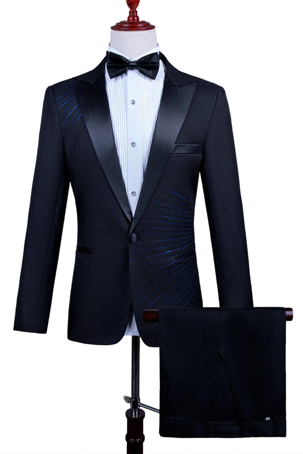 2 Piece Peak Lapel One Button Black Men's Suit with Beading