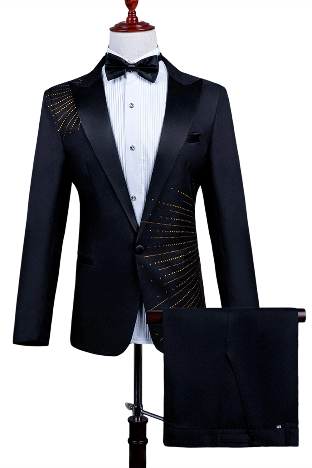 2 Piece Peak Lapel One Button Black Men's Suit with Beading