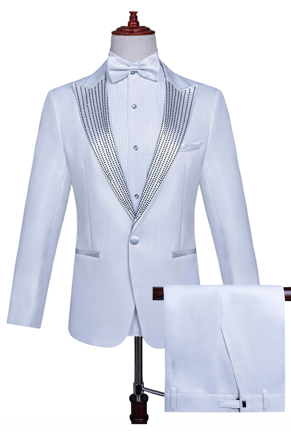 White Peak Lapel 2 Piece One Button Men's Prom Suit with Beading
