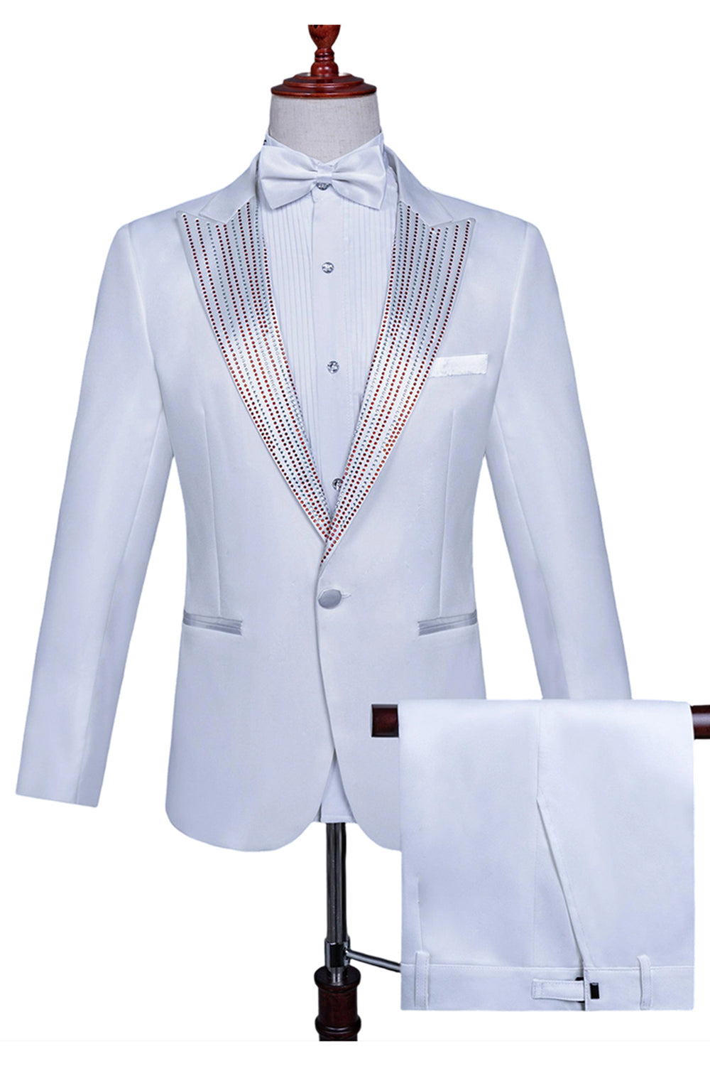 White Peak Lapel 2 Piece One Button Men's Prom Suit with Beading