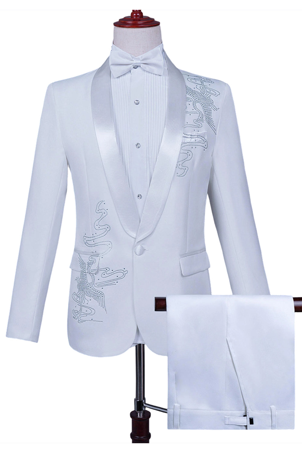 White Shawl Lapel Slim Fit 2 Piece Men's Prom Suit with Beading
