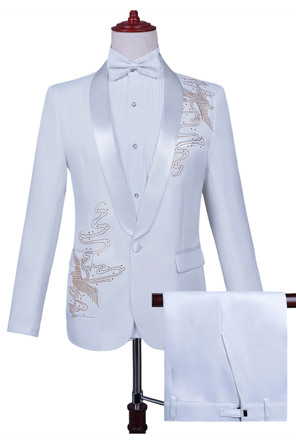 White Shawl Lapel Slim Fit 2 Piece Men's Prom Suit with Beading