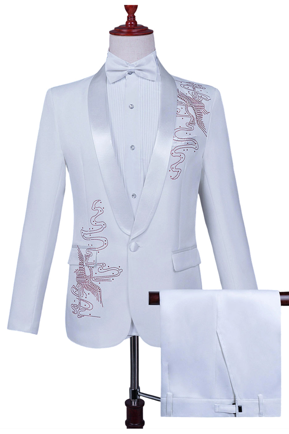White Shawl Lapel Slim Fit 2 Piece Men's Prom Suit with Beading
