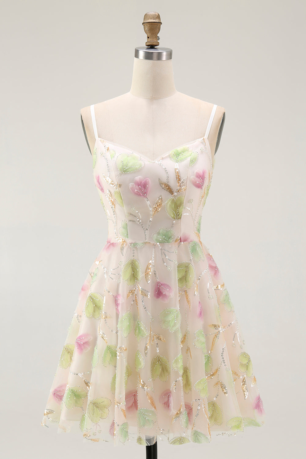 Apricot Floral Sequin A Line Mini Party Dress