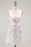 Sparkly Floral White V-Neck Backless A Line Sequin Cocktail Dress