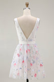 Sparkly Floral White V-Neck Backless A Line Sequin Cocktail Dress