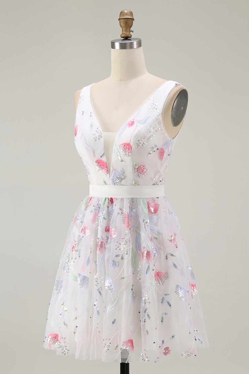 Sparkly Floral White V-Neck Backless A Line Sequin Cocktail Dress