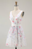 Sparkly Floral White V-Neck Backless A Line Sequin Cocktail Dress