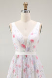 Sparkly Floral White V-Neck Backless A Line Sequin Cocktail Dress