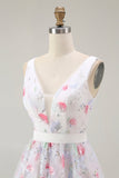 Sparkly Floral White V-Neck Backless A Line Sequin Cocktail Dress