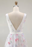 Sparkly Floral White V-Neck Backless A Line Sequin Cocktail Dress