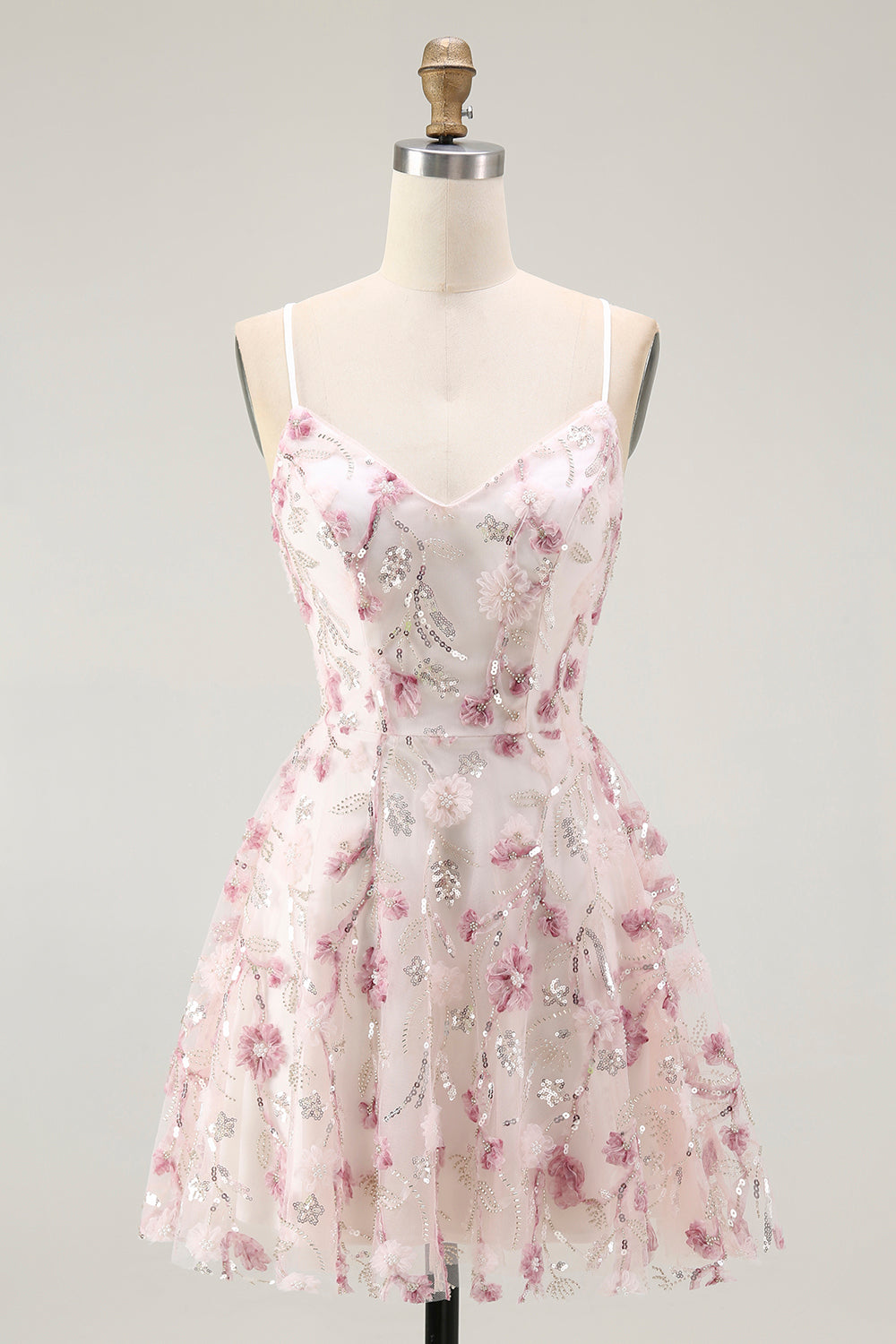 Pink Floral Sequins A Line Short Prom Dress with Lace Up Back
