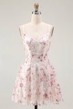 Pink Floral Sequins A Line Short Prom Dress with Lace Up Back