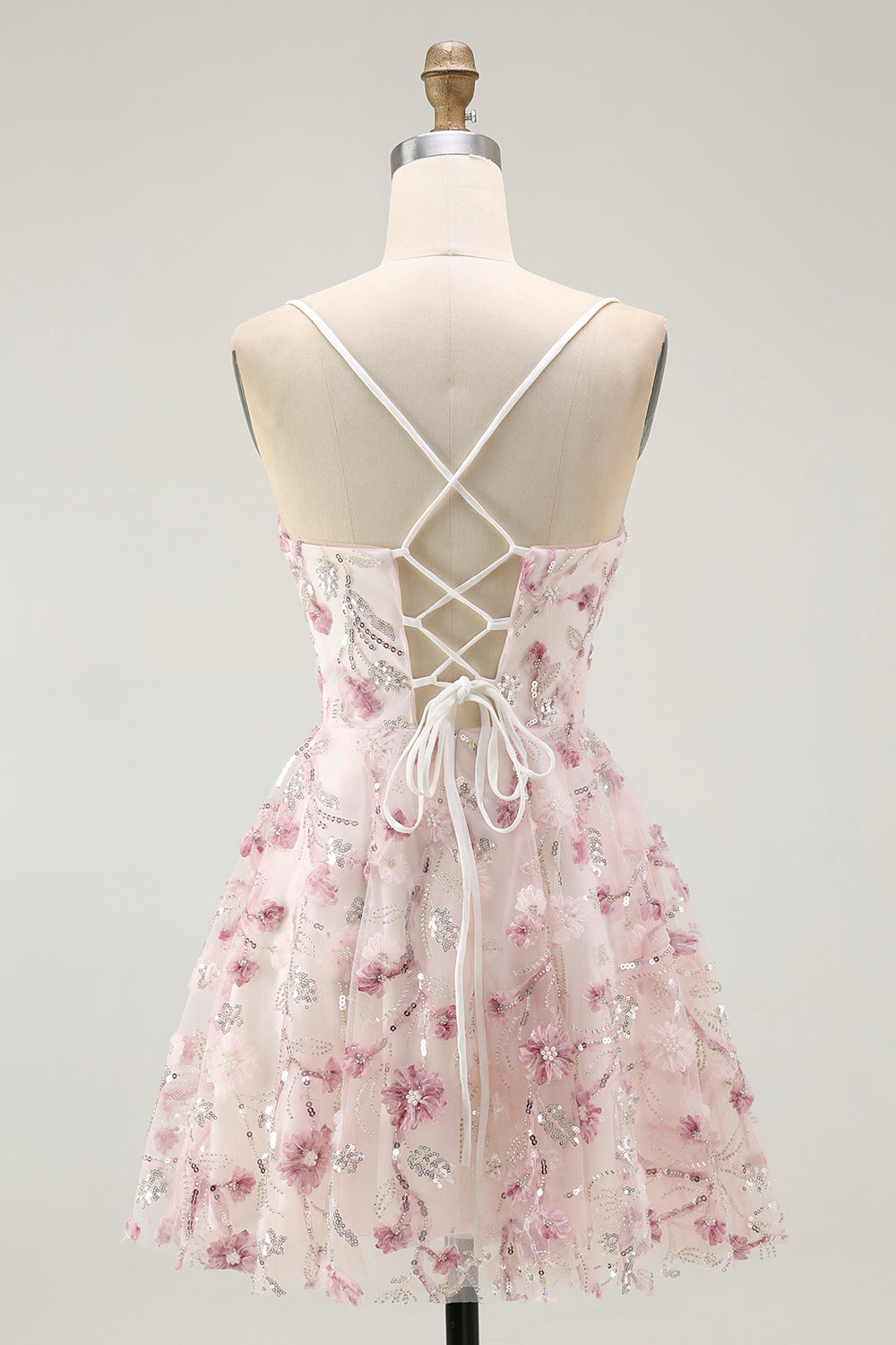 Pink Floral Sequins A Line Short Prom Dress with Lace Up Back