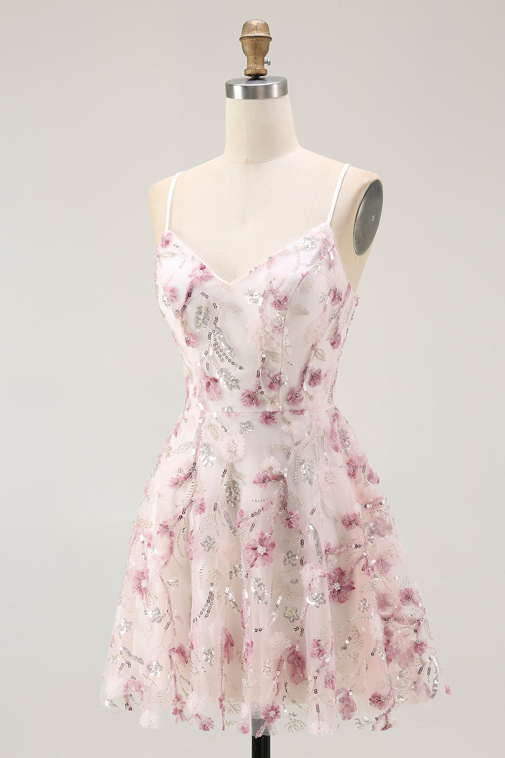Pink Floral Sequins A Line Short Prom Dress with Lace Up Back