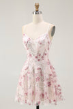 Pink Floral Sequins A Line Short Prom Dress with Lace Up Back