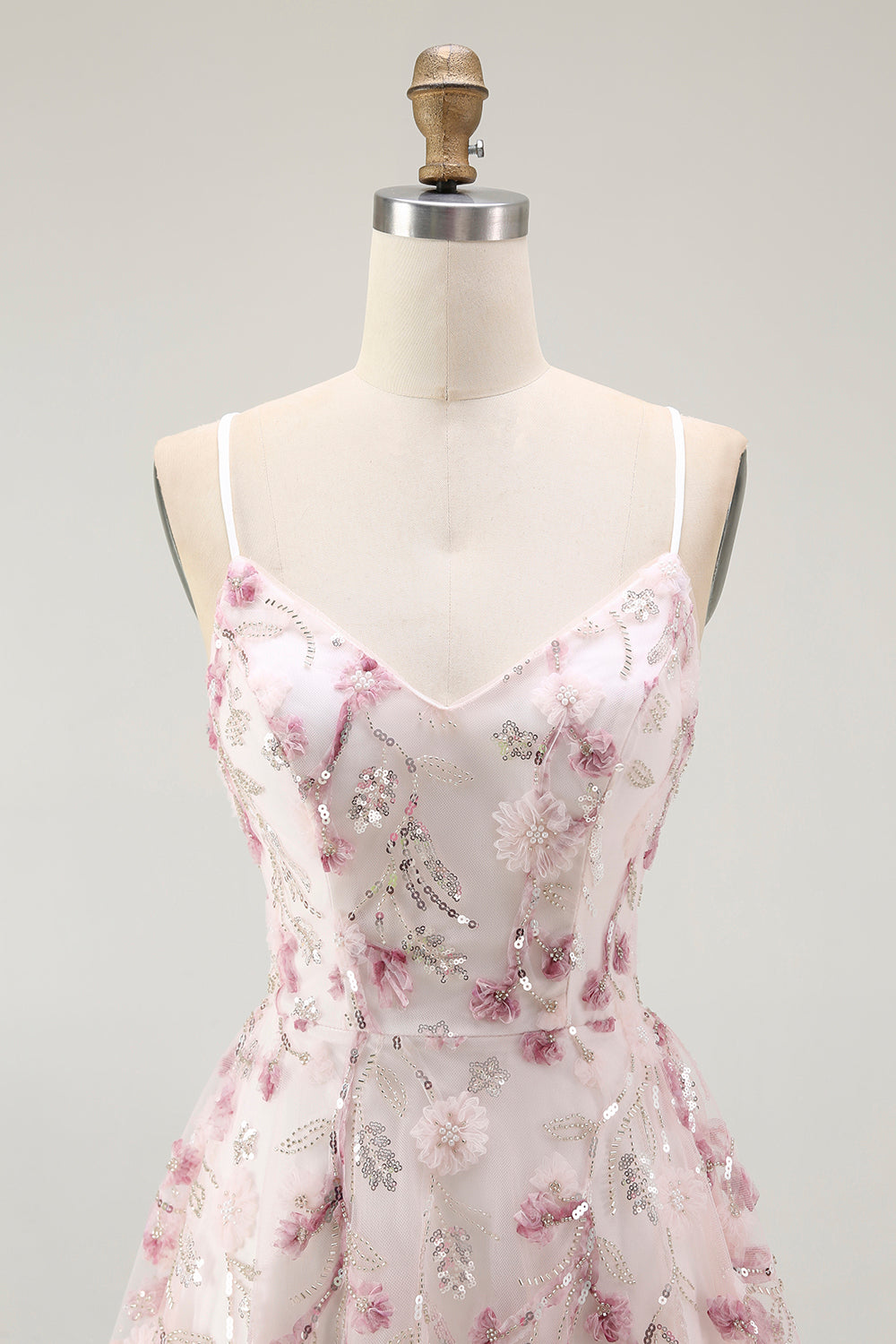 Pink Floral Sequins A Line Short Prom Dress with Lace Up Back