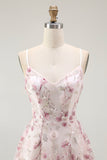 Pink Floral Sequins A Line Short Prom Dress with Lace Up Back