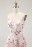 Pink Floral Sequins A Line Short Prom Dress with Lace Up Back