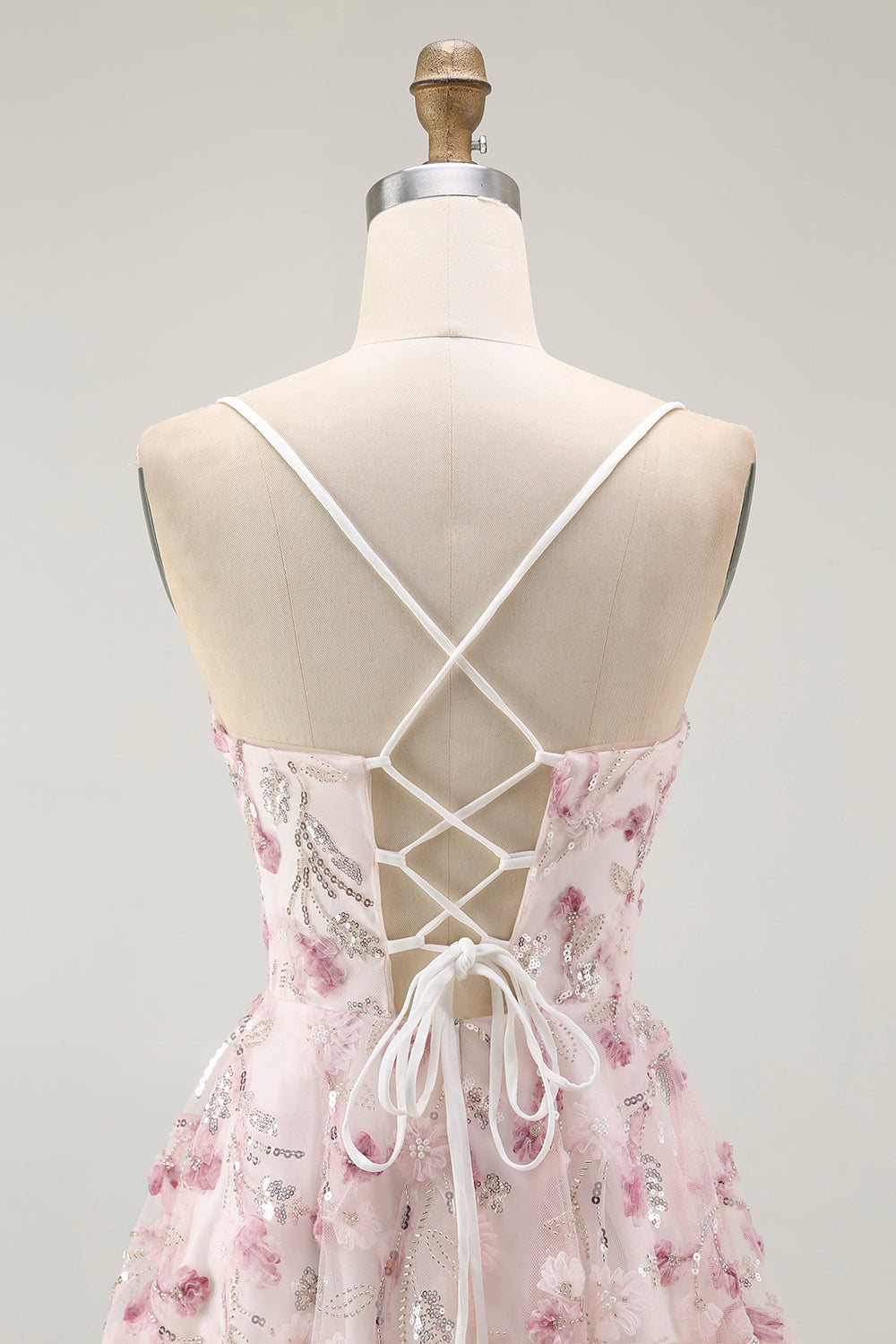 Pink Floral Sequins A Line Short Prom Dress with Lace Up Back