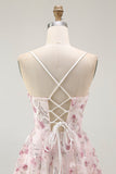 Pink Floral Sequins A Line Short Prom Dress with Lace Up Back