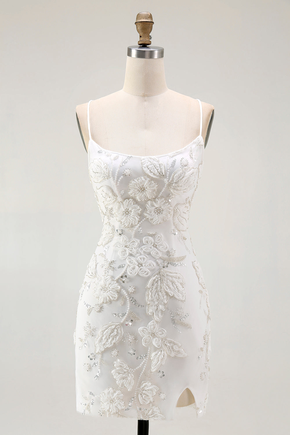 White Bodycon Spaghetti Straps Appliqued Cocktail Dress with Slit