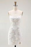 White Bodycon Spaghetti Straps Appliqued Cocktail Dress with Slit