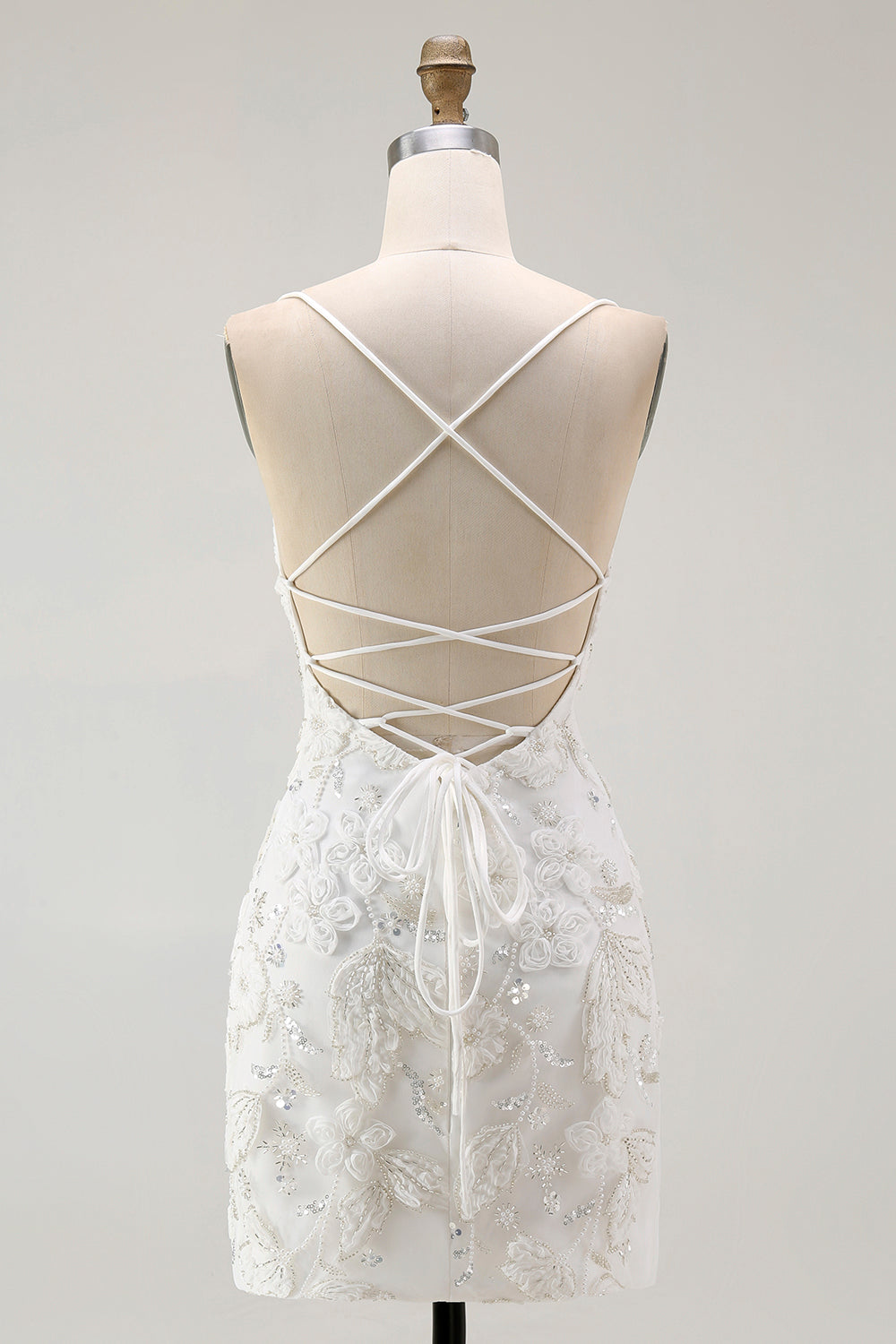 White Bodycon Spaghetti Straps Appliqued Cocktail Dress with Slit