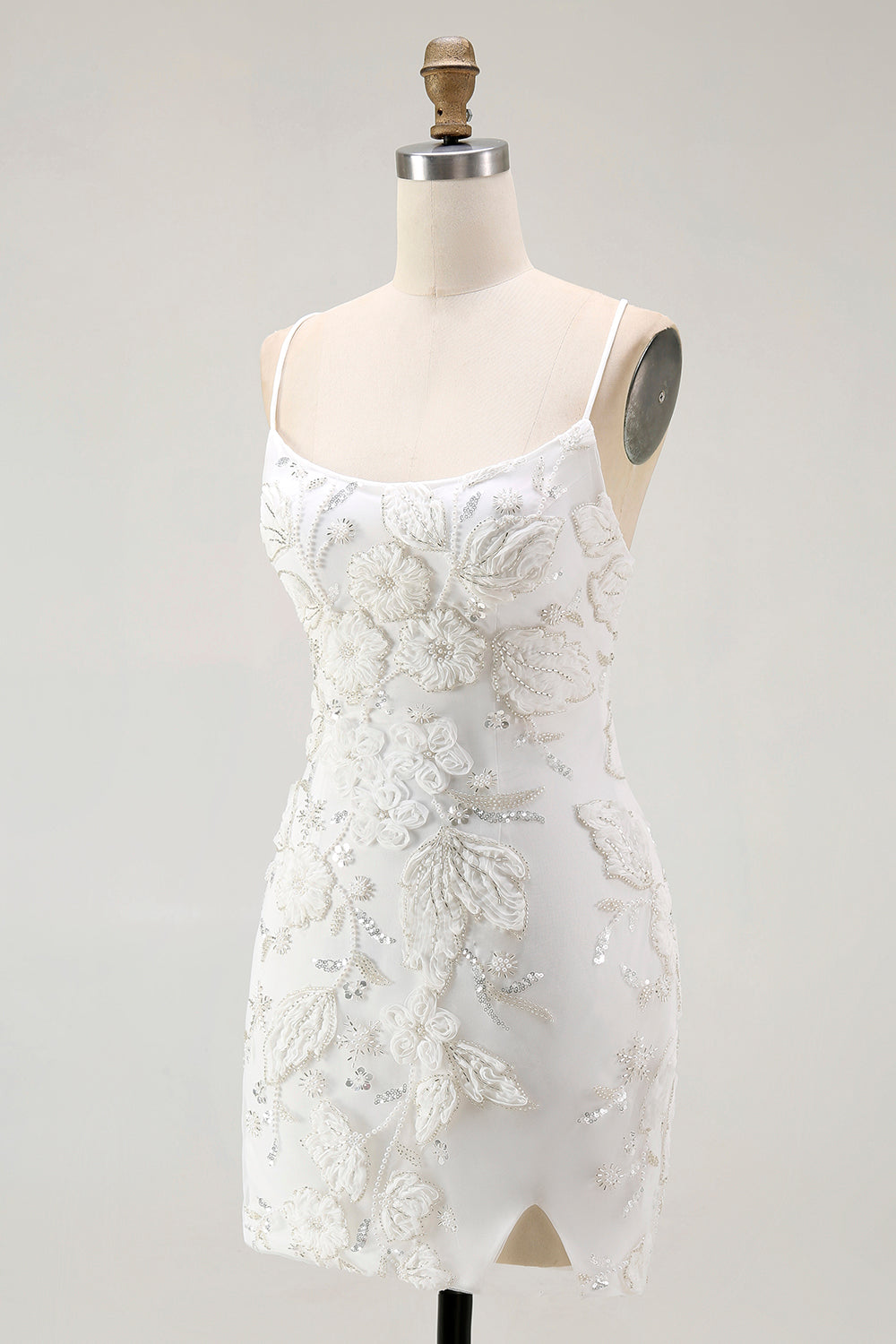 White Bodycon Spaghetti Straps Appliqued Cocktail Dress with Slit