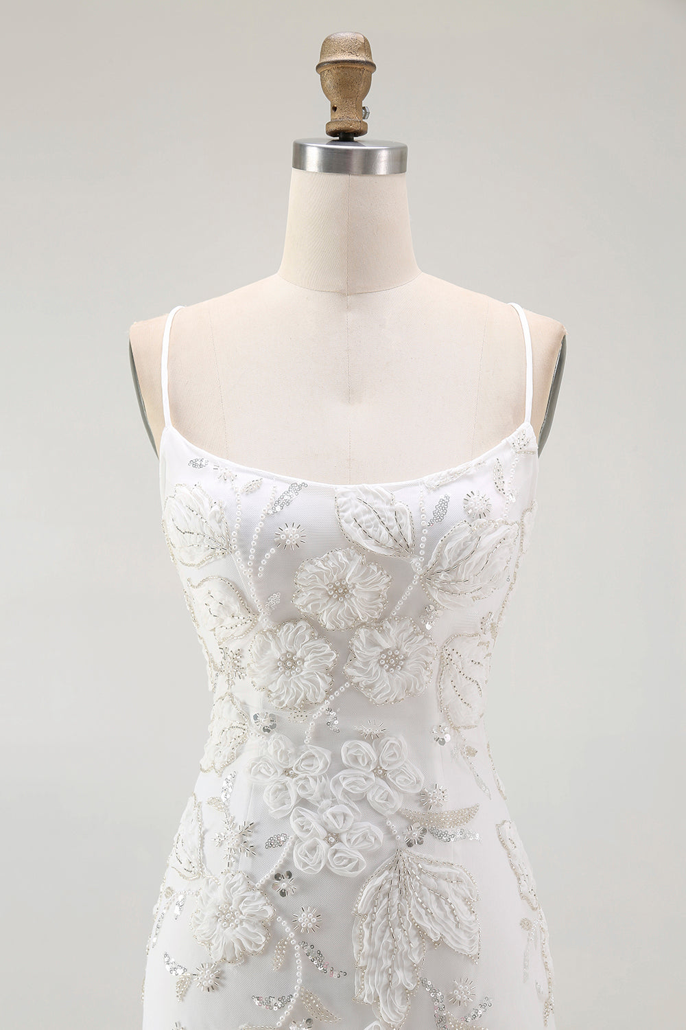 White Bodycon Spaghetti Straps Appliqued Cocktail Dress with Slit