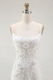 White Bodycon Spaghetti Straps Appliqued Cocktail Dress with Slit