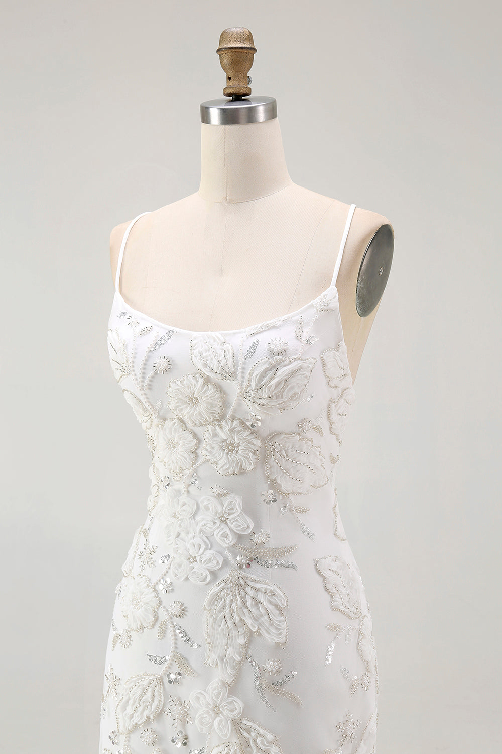 White Bodycon Spaghetti Straps Appliqued Cocktail Dress with Slit