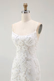 White Bodycon Spaghetti Straps Appliqued Cocktail Dress with Slit