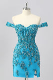 Off The Shoulder Blue Beaded Corset Bodycon Cocktail Dress with Appliques