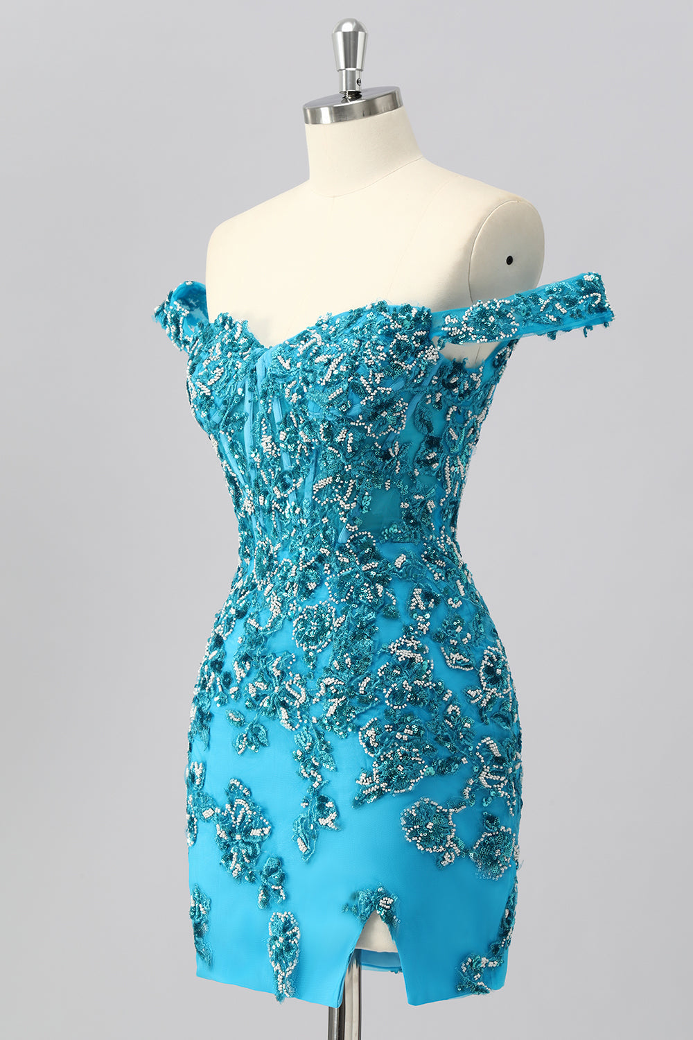 Off The Shoulder Blue Beaded Corset Bodycon Cocktail Dress with Appliques