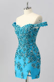 Off The Shoulder Blue Beaded Corset Bodycon Cocktail Dress with Appliques