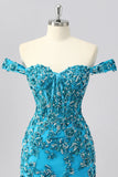 Off The Shoulder Blue Beaded Corset Bodycon Cocktail Dress with Appliques