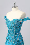 Off The Shoulder Blue Beaded Corset Bodycon Cocktail Dress with Appliques