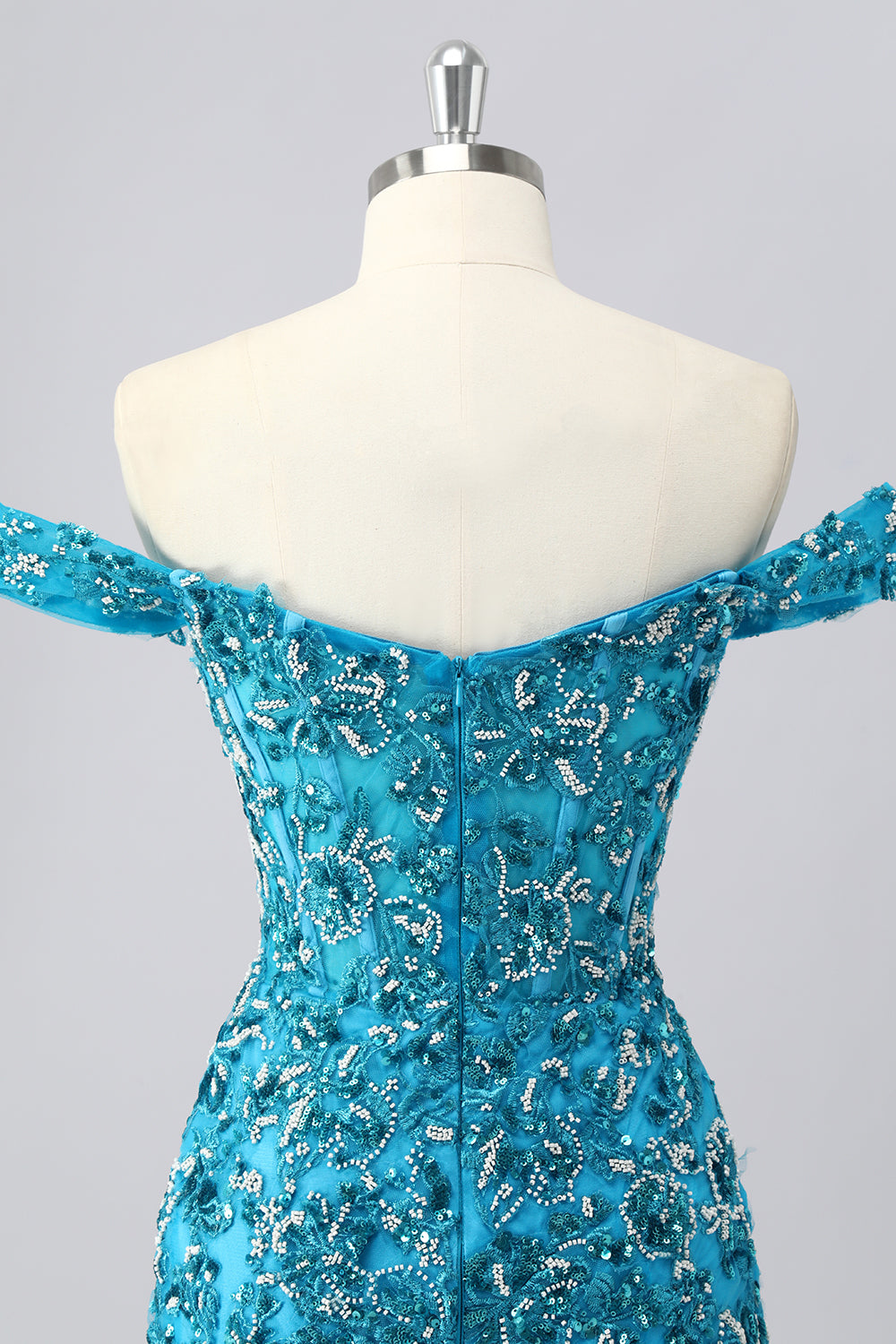 Off The Shoulder Blue Beaded Corset Bodycon Cocktail Dress with Appliques