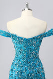 Off The Shoulder Blue Beaded Corset Bodycon Cocktail Dress with Appliques