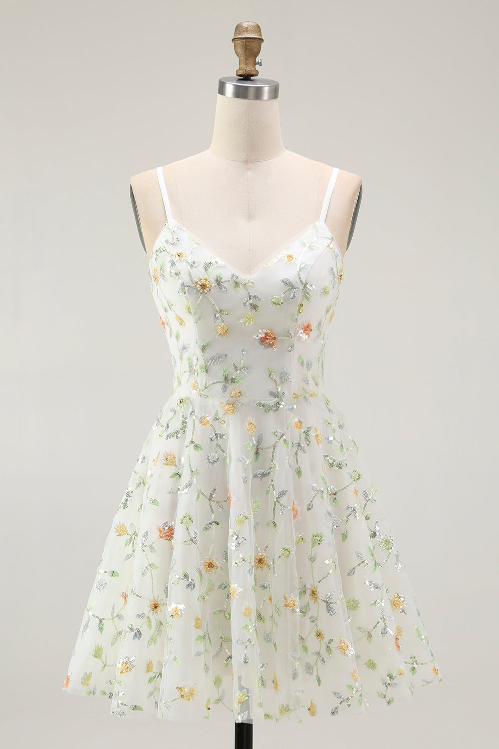 Green Floral A Line Spaghetti Straps Short Prom Dress
