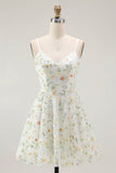 Green Floral A Line Spaghetti Straps Short Prom Dress
