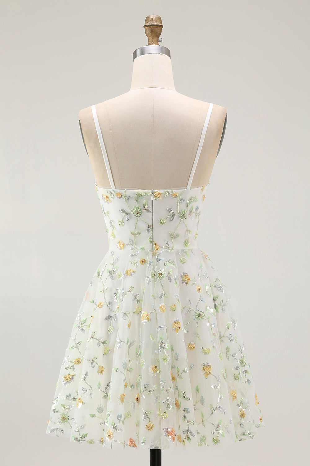 Green Floral A Line Spaghetti Straps Short Prom Dress