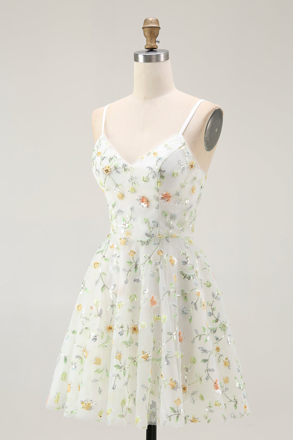 Green Floral A Line Spaghetti Straps Short Prom Dress