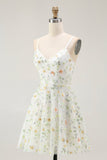 Green Floral A Line Spaghetti Straps Short Prom Dress