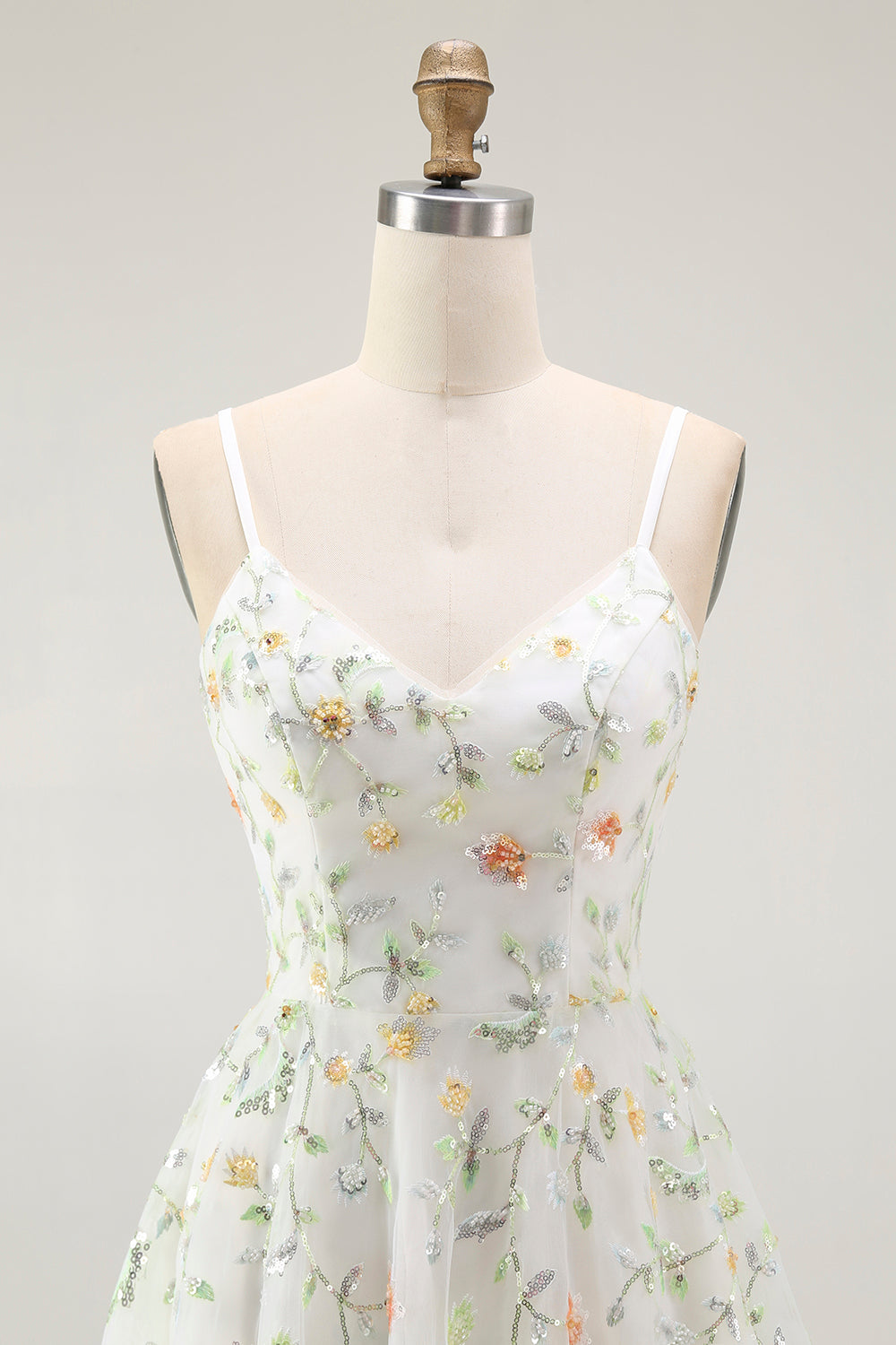 Green Floral A Line Spaghetti Straps Short Prom Dress