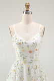 Green Floral A Line Spaghetti Straps Short Prom Dress