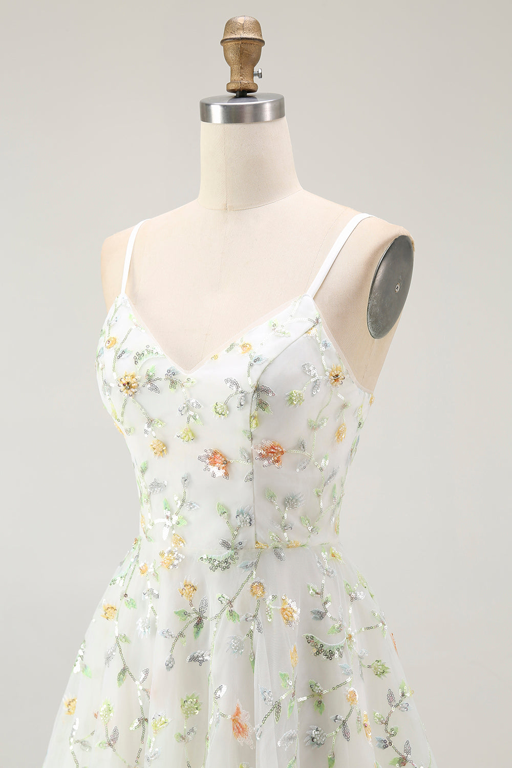 Green Floral A Line Spaghetti Straps Short Prom Dress